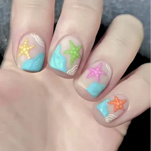 Short Summer Nails with colorful starfish and wave designs