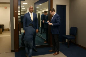 Tailor fitting a client in a men’s suit store