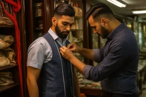 Tailor adjusting vest on young man in shop