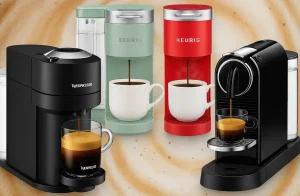 Colorful Keurig and Nespresso machines brewing