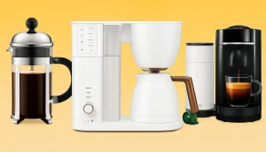 French press, drip, and pod machines on yellow background