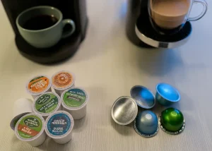 Keurig and Nespresso pods on table
