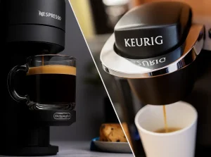 Nespresso and Keurig machines brewing coffee