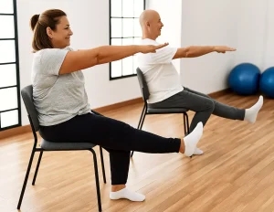 Senior couple doing chair yoga exercises in fitness studio