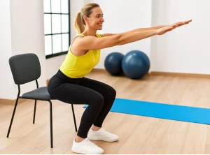 Woman doing chair squats in a home workout setting