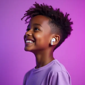 Smiling child wearing wireless earbuds