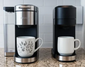 Two Keurig coffee makers with mugs on a granite counter