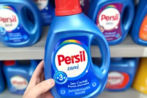 Hand holding Persil detergent bottle on store shelf showing is Persil better than Tide.