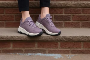 Lavender sneakers on steps