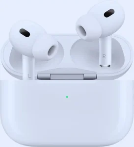White wireless earbuds in charging case, top view.