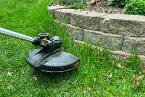 String trimmer edging grass along stone garden border