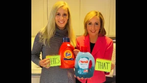 Two women comparing Tide and Persil detergent choices showing is Persil better than Tide