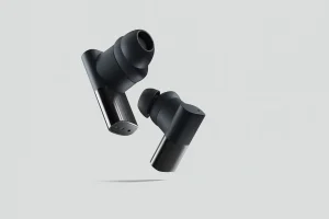 Black wireless earbuds floating