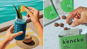 Kencko Smoothie and organic fruit bites displayed outdoors.