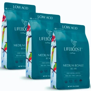 Lifeboost Coffee medium roast bags showing low acid beans