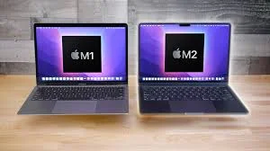 MacBooks side by side showing M1 vs M2 chip.