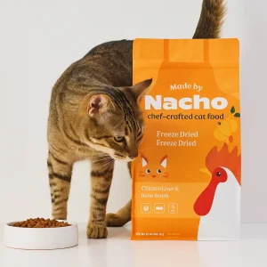 Made by Nacho cat food with tabby cat