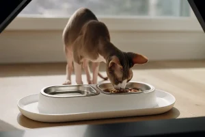 Sphynx cat eating made by nacho food