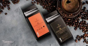 Lifeboost Coffee barrel aged blends with roasted beans and brew