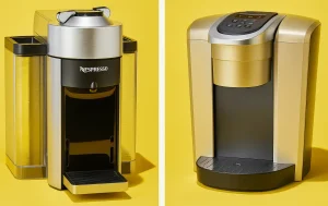 Gold Nespresso and Keurig machines on yellow backdrop 