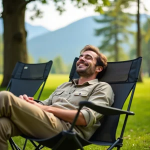 Man relaxing in lightweight camp chairs outdoors