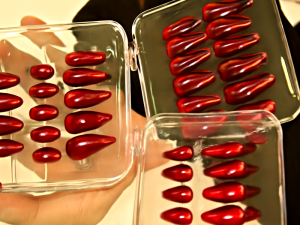 Short Summer Nails in glossy red stiletto press-ons