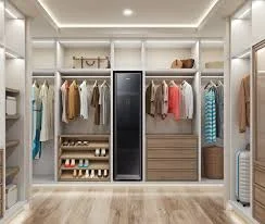 Modern walk-in wardrobe with built-in steam closet for garment care