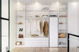 Minimalist white wardrobe with built-in steam closet for clothes care
