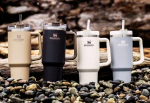 Target Stanley Cup tumblers in neutral tones on river rocks.