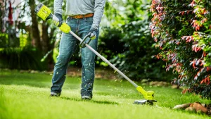 Man using a string trimmer to cut grass near garden bushes