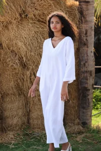 Woman wearing a white linen dress
