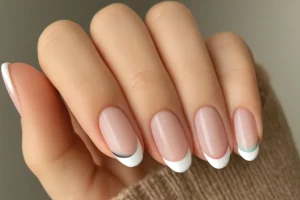 Short summer nails with a modern French manicure and almond-shaped design