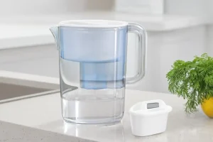 Clear water filter pitcher on counter