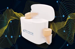 Audien Atom hearing aids in charging case with digital background
