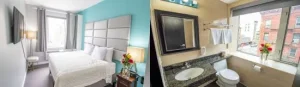 Modern guest room and bathroom at Canal Loft Hotel