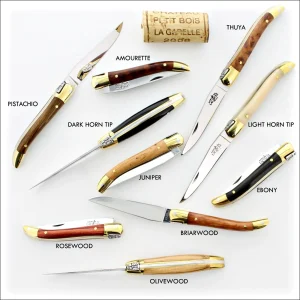 Laguiole pocket knives with various wood and horn handles