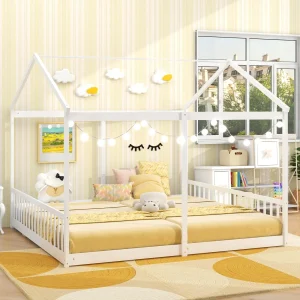 White twin floor bed with house frame design