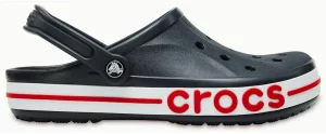 Crocs Comfortable black clogs with bold red logo.