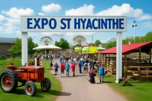 Visitors walking under a large Expo St Hyacinthe