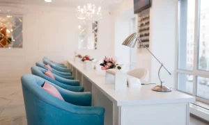 Elegant nail salon with blue chairs