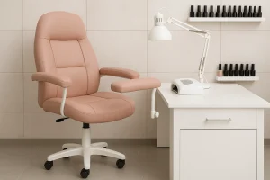 Blush pink nail technician chair beside white manicure station