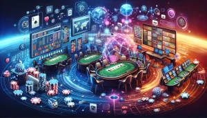 Futuristic digital casino interface with poker tables