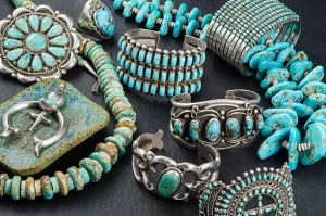 Collection of turquoise jewelry including silver bracelets