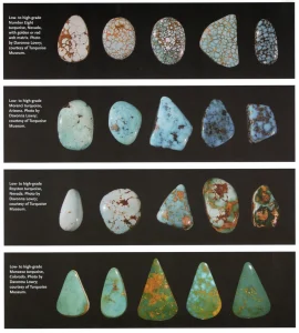 Low- to high-grade turquoise stones from various mines