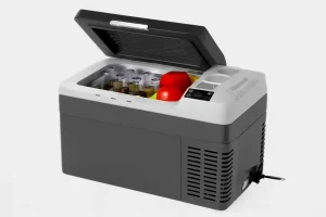 Open portable fridge with drinks
