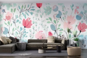 Floral wallpaper featuring pink tulip-like blooms