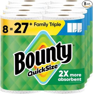 Bounty Quick Size paper towels 8-pack showing 2X more absorbent packaging, one of the best paper towels for strength and absorbency.