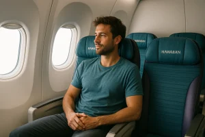 Man seated in a Hawaiian Airlines cabin