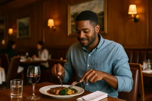 Guest enjoying a steak dinner at Woodmont Grill in a cozy, warm restaurant setting