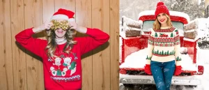 Women in colorful Christmas sweaters celebrating winter